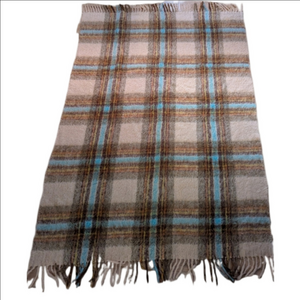 VINTAGE Cream Aqua Plaid Mohair Austrian Throw Fringed Blanket